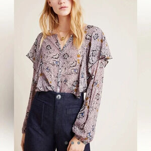 Anthropologie Dolan floral pastel Blouse NWT long sleeve ruffle button, Medium